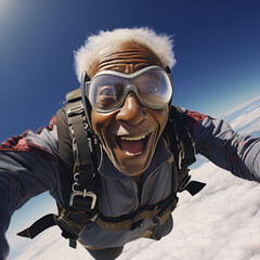 Elderly african american male sydiving - taking a selfie