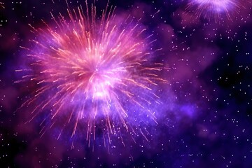 Illustration of fireworks exploding in bright purple-blue tones with smoke and reflections.