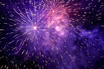 Illustration of fireworks exploding in bright purple-blue tones with smoke and reflections.