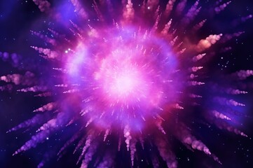 Obraz premium Illustration of fireworks exploding in bright purple-blue tones with smoke and reflections.