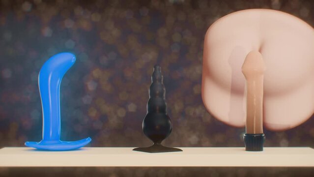 Animated Buttocks Chooses Between Tempting Sex Toys. 3D Render.