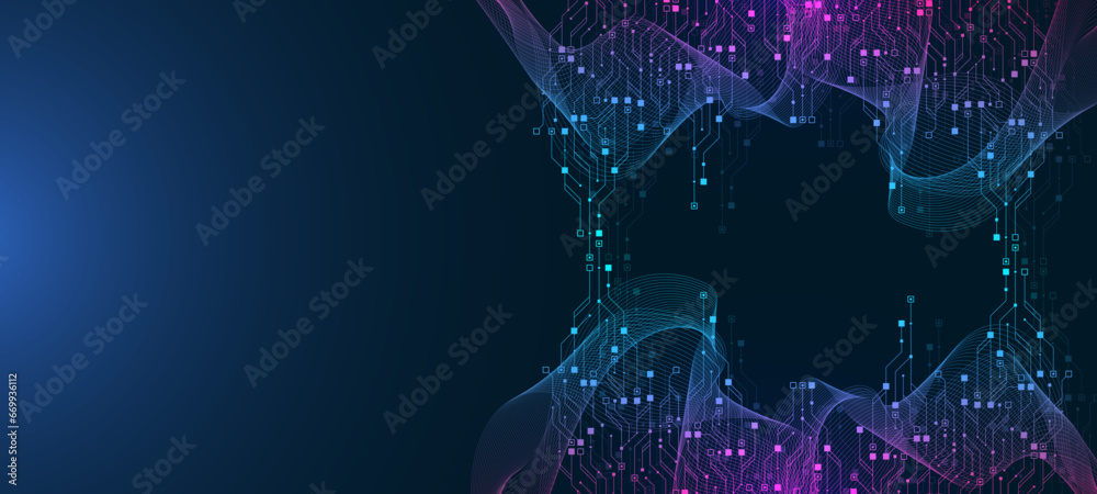Aufkleber Quantum computer technologies concept. Futuristic blue circuit board background vector. Modern technology circuit board texture background design. Waves flow. Quantum explosion technology.