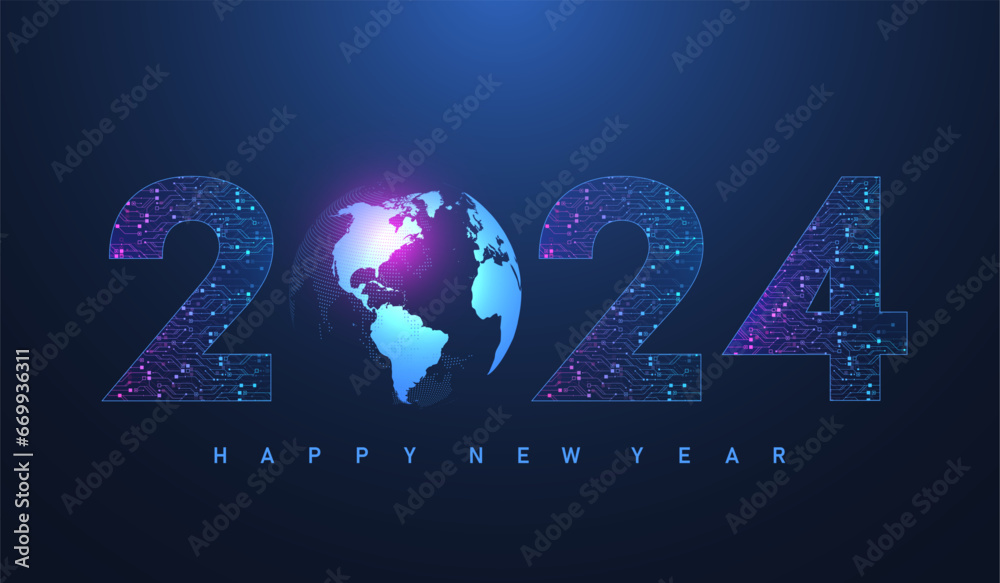 Poster template new year and happy christmas cards in the style of new technology 2024. christmas 2024 year