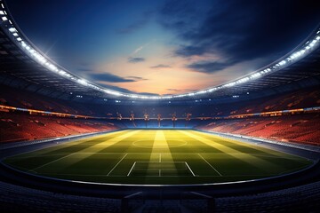 An empty stadium for playing football, soccer in the open air in the bright rays of floodlights. Dark sky with clouds over the stadium. Sports competition concept. Generated by artificial intelligence - obrazy, fototapety, plakaty