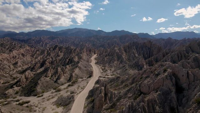 Drone shot flying through the Quebrada de las Flechas in Salta, Argentina.