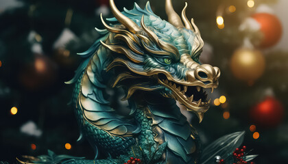 Green Chinese dragon on blurred festive background, new year concept