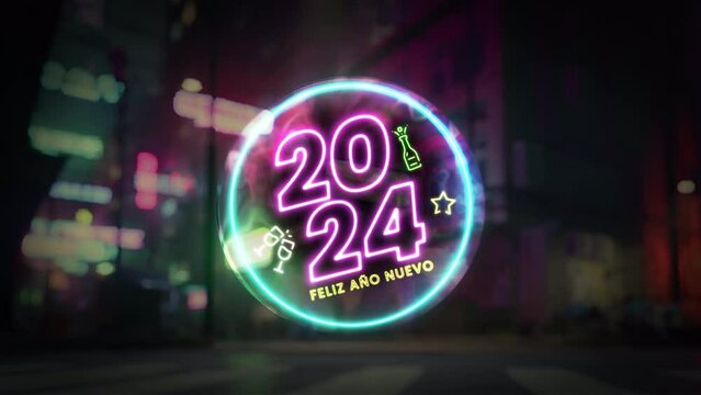Feliz ano nuevo 2024. Happy New Year 2024. Colourful neon lights and digits. Spanish text outline in a transparent glass ball. Champagne, glasses, star animation. Blurred city celebration background.