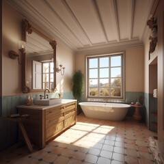 Fototapeta na wymiar Mediterranean style interior of bathroom with large square window with beautiful view.