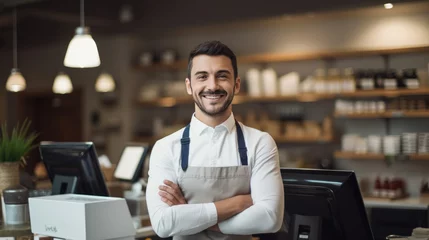 Poster Smiling male cashier at checkout counter with digital tablet in store © MP Studio