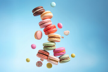Colorful macrons flying in the air