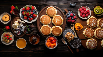 Breakfast or brunch pancake buffet table scene. Mini