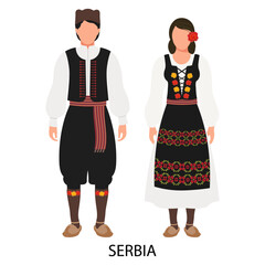 A man and a woman, a couple in Serbian folk costumes. Culture and traditions of Serbia. Illustration, vector