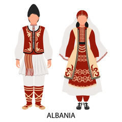 Man and woman, couple in Albanian folk costumes. Culture and traditions of Albania. Illustration, vector