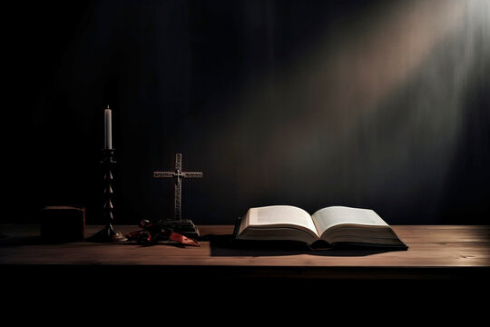 Holy Bible and Cross on Desk. Minimalism, dark and light