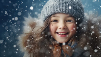 Portrait of a small child with snowflakes on a uniform background