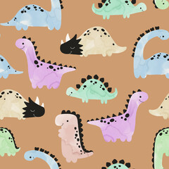 Colored dinosaurs seamless pattern. Endless design with colorful dinos on brown background. Reptile wall art. Cute monster background