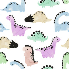 Colored dinosaurs seamless pattern. Endless design with colorful dinos. Reptile wall art. Cute monster background