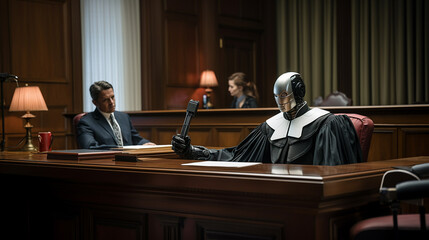 Robot dressed as a judge sitting in a courtroom - obrazy, fototapety, plakaty