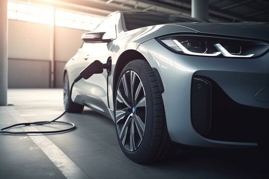Modern car charging at station in front of concrete wall. Generative AI