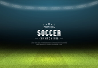 Football stadium with green field and spotlights. Vector background for your design. - obrazy, fototapety, plakaty