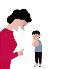 A woman (mother, teacher) yells at a boy