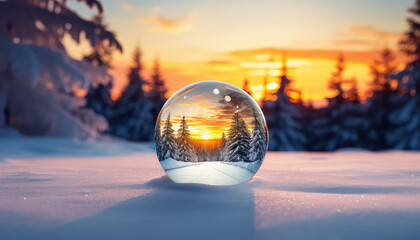 Glass ball on the background of a beautiful winter landscape