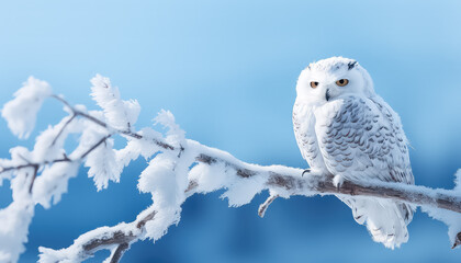 A polar owl sits on a tree branch in winter