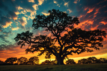 sunset in the forest, big tree background , oak tree
