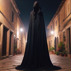 Naklejka premium person in a black long raincoat in the night street