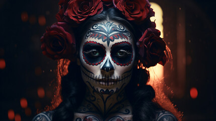 Calavera Catrina in the dark. A ray of light falls