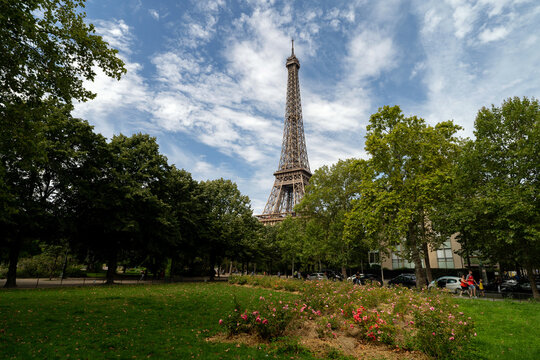 Eiffel Tower with blue sky and a park in the foreground