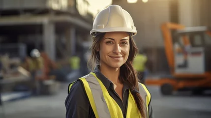 Poster portrait of a smiling young female engineer working at a construction site. Wear a white construction safety helmet, work vest and ppe © ND STOCK