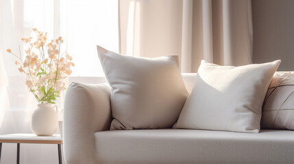 Blank template closeup pillowcase mockup. White pillow cover canvas. Cushion case. Decorative beige soft pillows. Domestic textile. Living lounge room interior. Flat-lay pillows on sofa. Copy space - Powered by Adobe