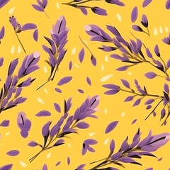 Tilable seamless lavender on yellow background illustration, for fashion, interiors, backgrounds,wall decor, canvas design, fabric pattern design