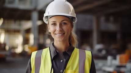 portrait of a smiling young female engineer working at a construction site. Wear a white construction safety helmet, work vest and ppe