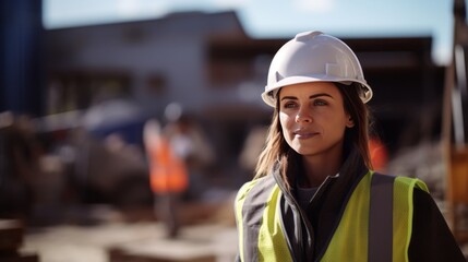 portrait of a smiling young female engineer working at a construction site. Wear a white construction safety helmet, work vest and ppe