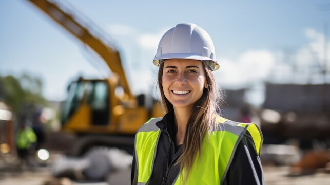 portrait of a smiling young female engineer working at a construction site. Wear a white construction safety helmet, work vest and ppe