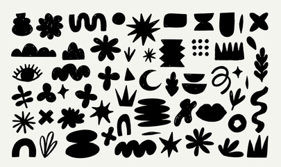 Hand drawn naive, bizarre abstract geometric shapes and forms. Modern contemporary figures, various organic shapes and doodle objects, vector graphic elements