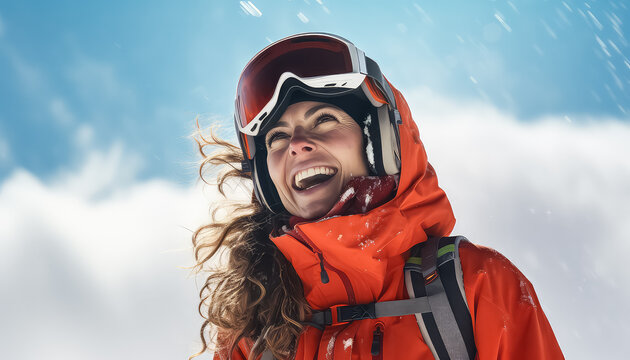 Happy woman skier against the backdrop of mountains