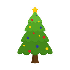 Christmas tree with lights in cartoon style. Christmas tree decorated with round toys and balls on the top of the tree there is a bright yellow star. Happy new year. Pine tree isolated. flat vector