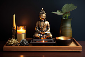 Zen altar with sitting Buddha statue candles and plants