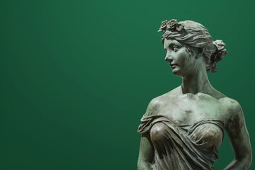 A statue of a woman in a flowing dress against a solid green background. Created with generative AI tools