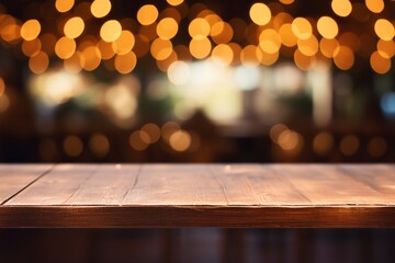 A wooden table takes center stage against the artistic backdrop of abstract, blurred restaurant lights, setting the scene for a memorable dining experience. Created with generative AI tools - obrazy, fototapety, plakaty