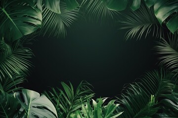 Fototapeta na wymiar Fresh green jungle palm leaves forming a natural frame set against a verdant backdrop. Created with generative AI tools