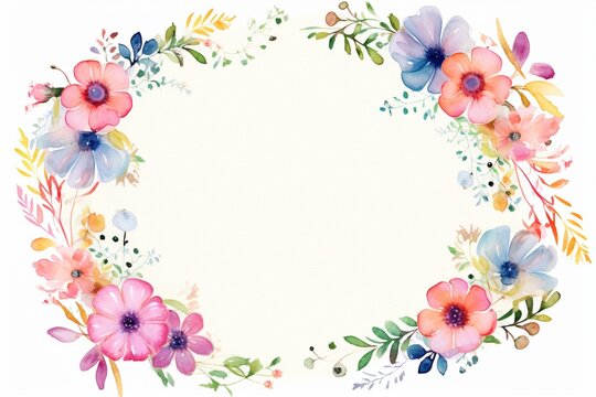 Vibrant watercolor flowers and leaves come together to create a symmetrical floral frame with two mirrored wreaths on a clean white background. Created with generative AI tools