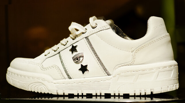 Chiara Ferragni Women's white leather sneakers with logo on upper.Milan - Italy,23 october 2023