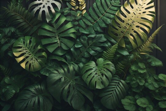Graphic image of a tropical foliage arrangement featuring green Monstera, fern, and Eucalyptus leaves, accented with gold glitter particles. Created with generative AI tools