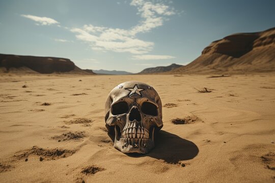 Mystical skull bearing star engraving amidst desert sands, Generative AI