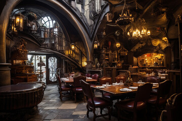 Fototapeta na wymiar Interior view of the old medieval cafe