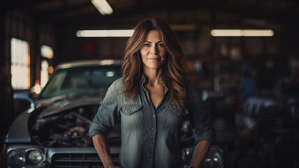 Obraz na płótnie Canvas woman mechanic smiles brightly to greet a customer in the garage.
